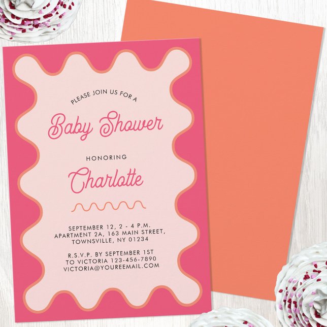 Retro Wavy Pink Curve Baby Shower Invitation (Retro pink wavy curve modern personalized baby shower invitation)
