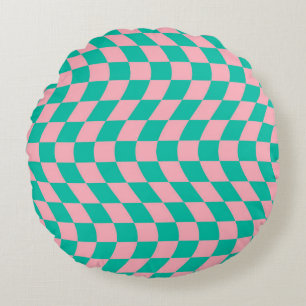 Retro Wavy Pink Green Checks Warped Checkered    Round Pillow