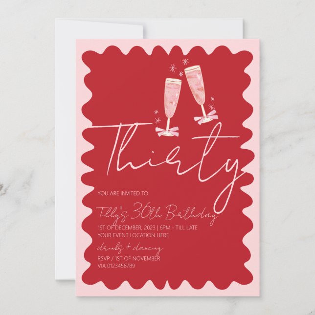 Retro wavy pink red 30th birthday party invitation (Front)