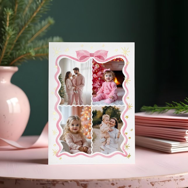 Retro Wavy Pink Ribbon & Stars Photos Collage Foil Holiday Card (Retro Wavy Pink Ribbon & Stars Photos Collage Foil Holiday Card)