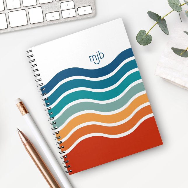 Retro Wavy Stripes Pattern with Any Monogram Notebook (A colorful notebook with retro vibes to personalize with your monogram initials.)