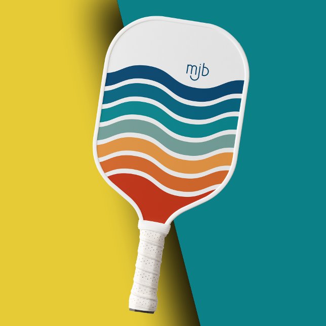 Retro Wavy Stripes Pattern with Your Monogram Pickleball Paddle (Personalize this colorful sporty pickle ball paddle with your monogram initials.)