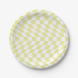 Retro Wavy Yellow Checks Warped Chequerboard   Paper Plate