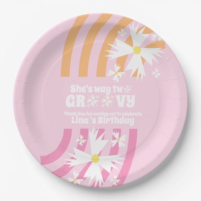 Retro Way Two Groovy Daisy Flower Birthday   Paper Plate (Front)