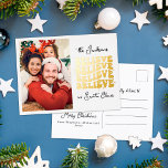 Retro we believe in Santa Christmas family photo Foil Holiday Postcard<br><div class="desc">Send this retro Christmas postcard to share happiness,  love,  a dash of festive cheer,  and a cheery vintage vibe with your loved ones. Add one of your favourite family photos to personalize it and capture the beauty of the season.</div>