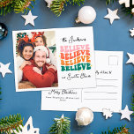 Retro we believe in Santa Christmas family photo Holiday Postcard<br><div class="desc">Send this retro Christmas postcard to share happiness,  love,  a dash of festive cheer,  and a cheery vintage vibe with your loved ones. Add one of your favourite family photos to personalize it and capture the beauty of the season.</div>
