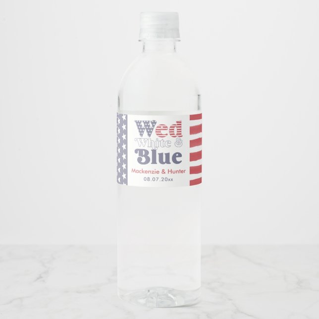 Retro Wed White Blue Backyard Wedding Shower Water Bottle Label (Front)
