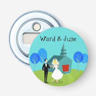 Retro Wedding Couple Button Bottle Opener