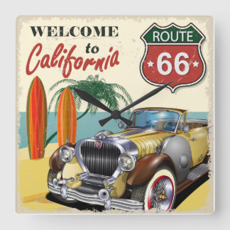 Retro "Welcome to California" Route 66 poster, Square Wall Clock