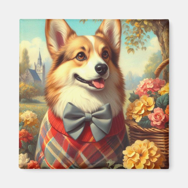 Retro Welsh Corgi Cardigan Painting Magnet (Front)
