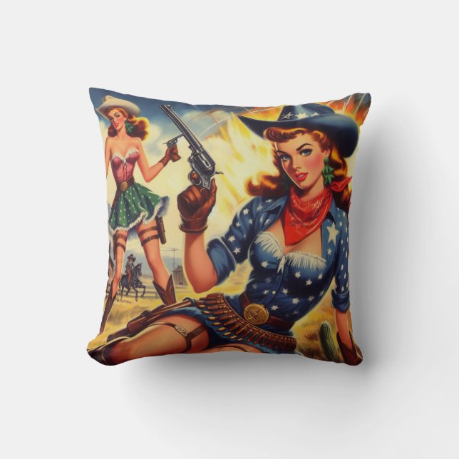 Retro Western Country Girls Throw Pillow (Front)