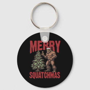 Retro Western Merry Squatchmas Funny Bigfoot Santa Keychain