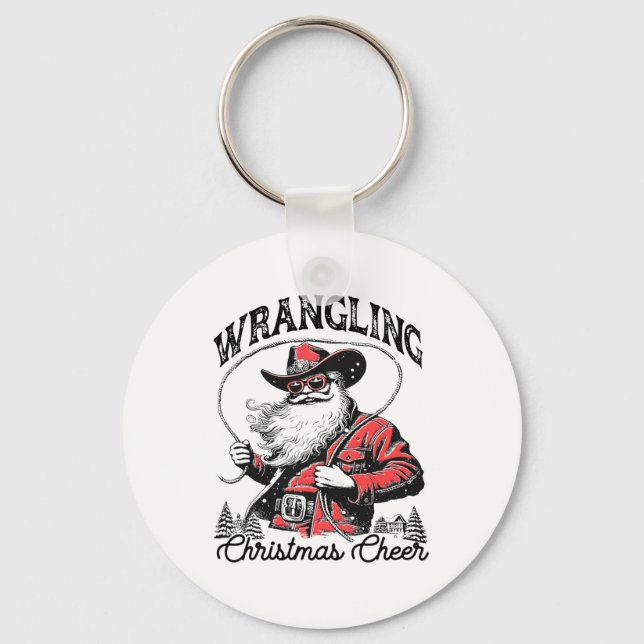 Retro Western Xmas Wrangling Christmas Cheer Santa Keychain (Front)