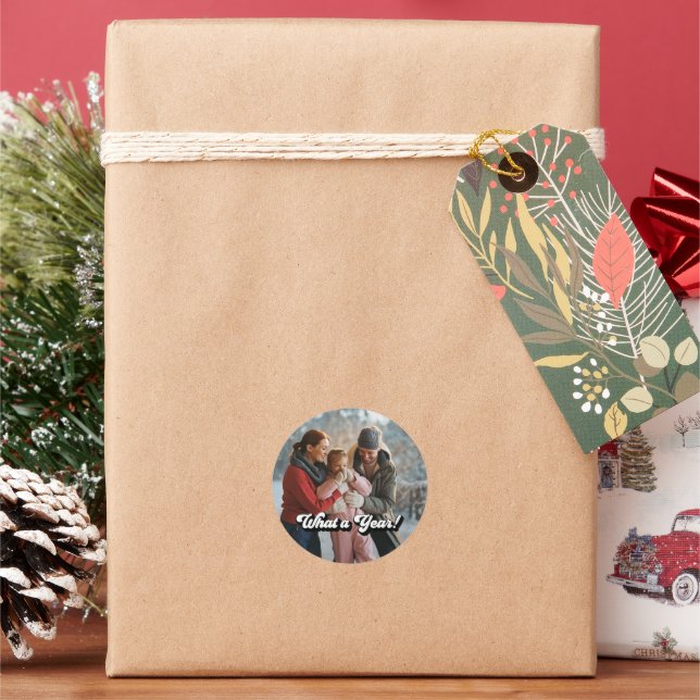 Retro "What a Year!" Holiday Photo Classic Round Sticker (Holiday)