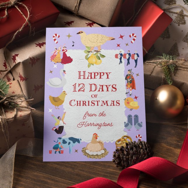 Retro Whimsical 12 Days of Christmas Holiday Card (On this whimsical card, "12 Days of Christmas" images appear against a pastel lavender background.)