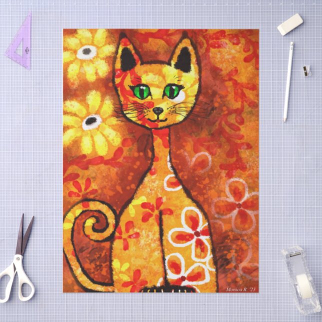 Retro Whimsical Cat Kitty Floral Orange Decoupage Tissue Paper (Craft)