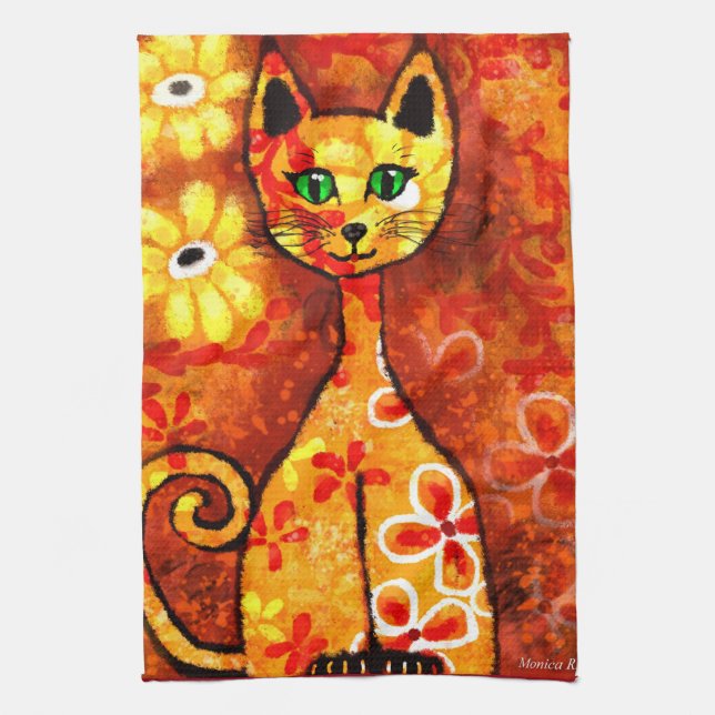 Retro Whimsical Cat Kitty Floral Orange Yellow Red Kitchen Towel (Vertical)