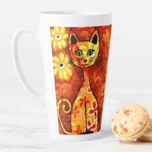 Retro Whimsical Cat Kitty Floral Orange Yellow Red Latte Mug