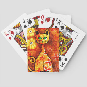 Retro Whimsical Cat Kitty Floral Orange Yellow Red Playing Cards