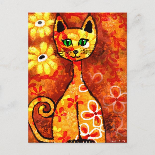 Retro Whimsical Cat Kitty Floral Yellow Red Orange Postcard (Front)