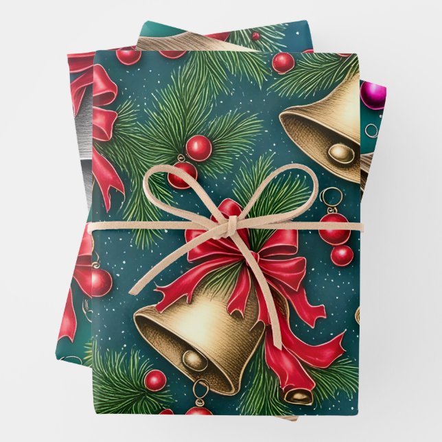 Retro Whimsical Christmas Bells Wrapping Paper Sheet (In situ)
