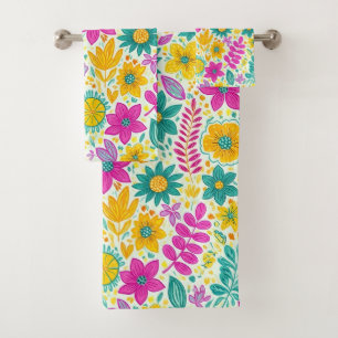 Retro Whimsical Flower Power 70s Floral Art Bath Towel Set