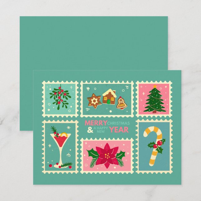 Retro Whimsical Green and Pink Holiday Card (Front/Back)