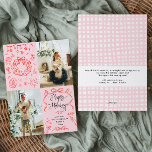 Retro Whimsical Hand Drawn Happy Holidays 2 Photo Holiday Card
