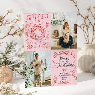Retro Whimsical Hand Drawn Merry Christmas 2 Photo Holiday Card