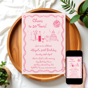 Retro whimsical hot pink scribble birthday invitation