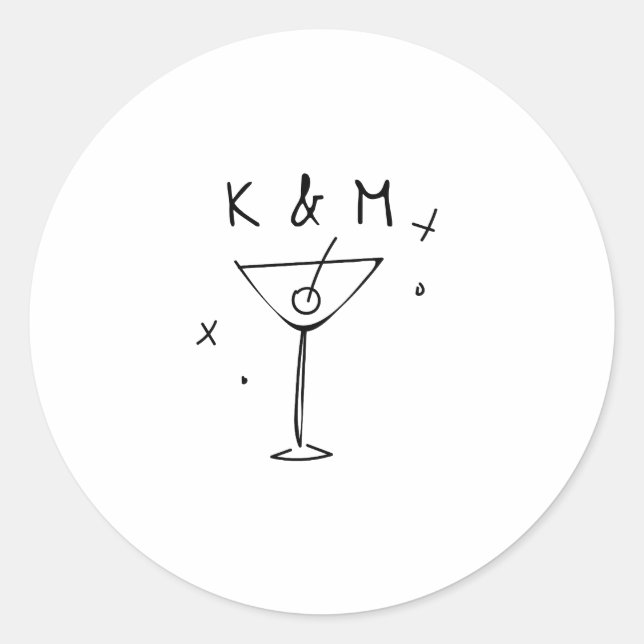 Retro Whimsical Martini Hand Drawn Custom Initials Classic Round Sticker (Front)