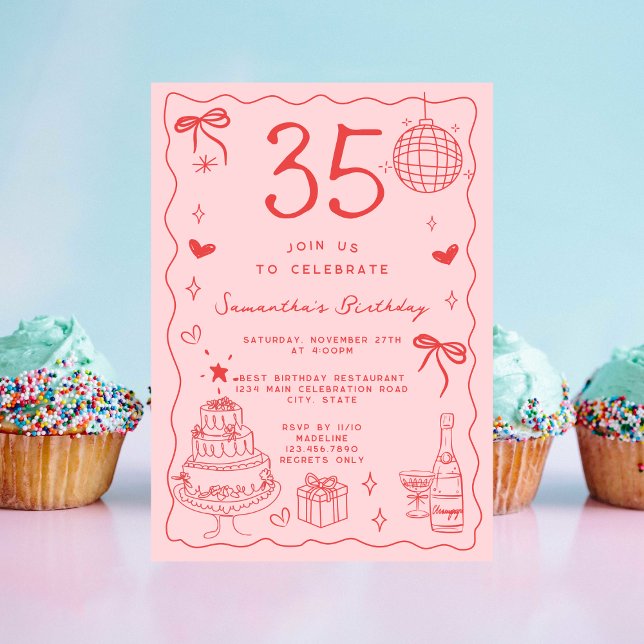 Retro Whimsical Quirky Red Pink 35th Birthday Invitation (Creator Uploaded)