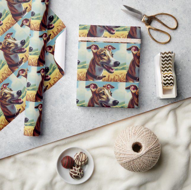 Retro Whippet Dog Painting Wrapping Paper (Crafts)