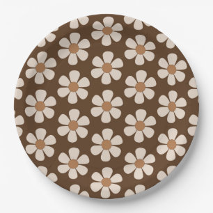 Retro White and Brown 60s Vintage Daisy Pattern Paper Plate