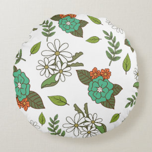 Retro White and Green Floral Round Pillow