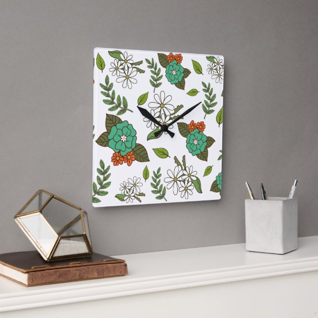 Retro White and Green Floral Square Wall Clock (Office)