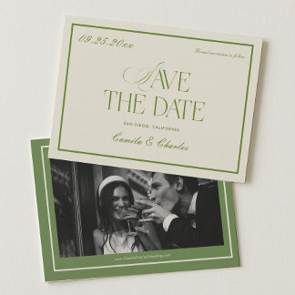 Retro White and Green Wedding Save the date Photo  Invitation