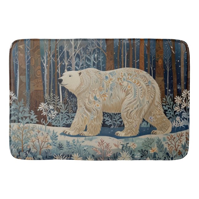 Retro white bear boho winter woodland forest bath mat (Front)