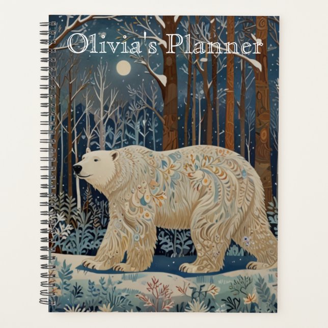 Retro white bear boho winter woodland forest planner (Front)