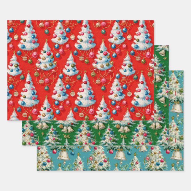 Retro White Christmas Tree Wrapping Paper Sheet (Set)