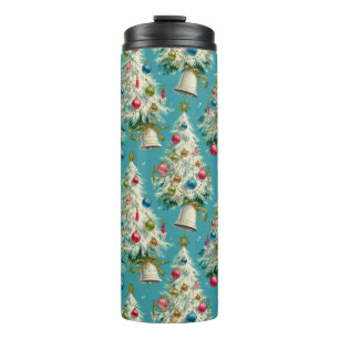 Retro White Christmas Trees Blue Thermal Tumbler