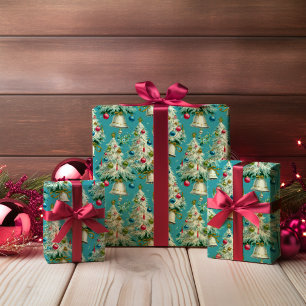 Retro White Christmas Trees Blue Wrapping Paper