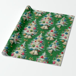 Retro White Christmas Trees Green Wrapping Paper