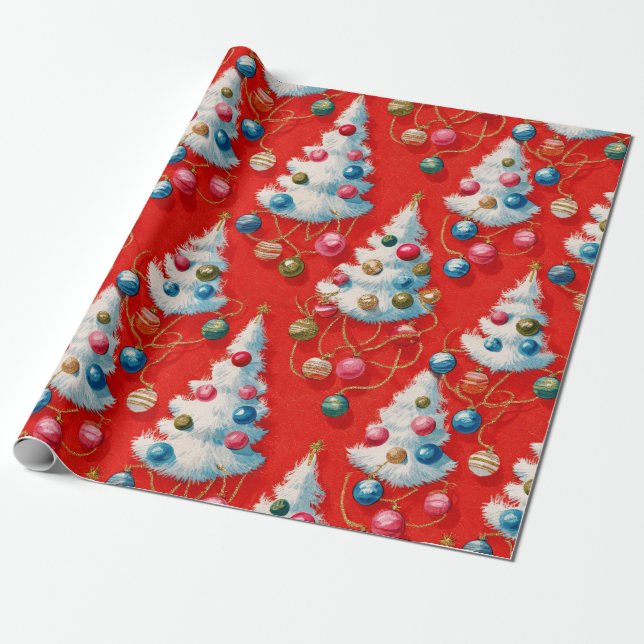 Retro White Christmas Trees Red Wrapping Paper (Unrolled)