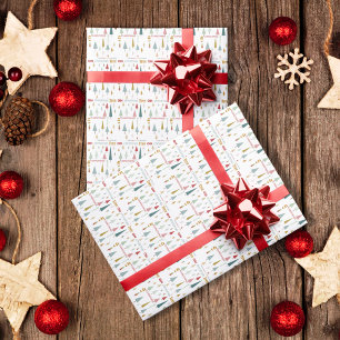 Retro White Colourful Oh Christmas Tree Holiday Wrapping Paper