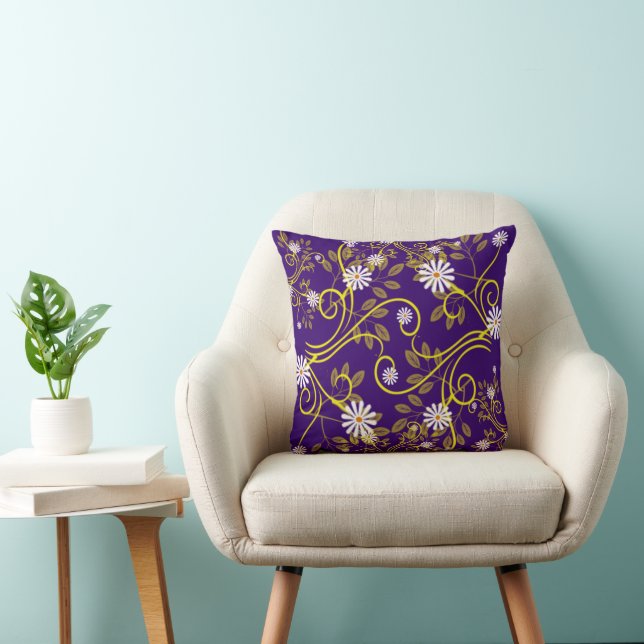 Retro White Daisy and Yellow Filigree Throw Pillow (Chair)