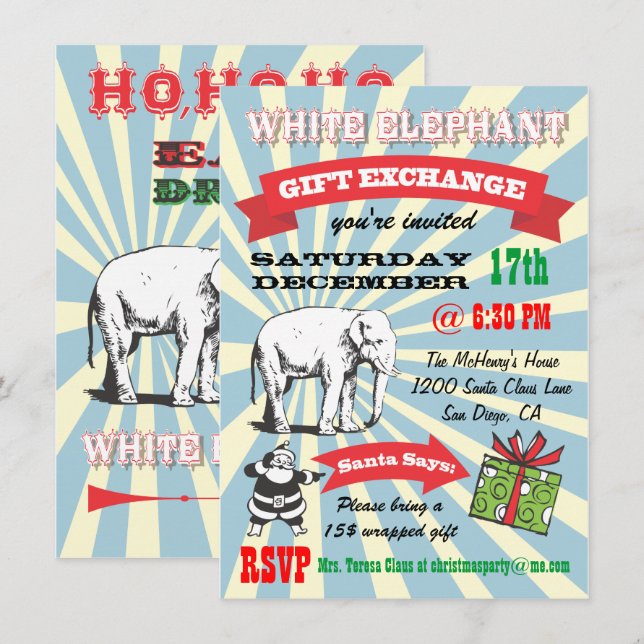 Retro White Elephant Christmas Party Invitations (Front/Back)