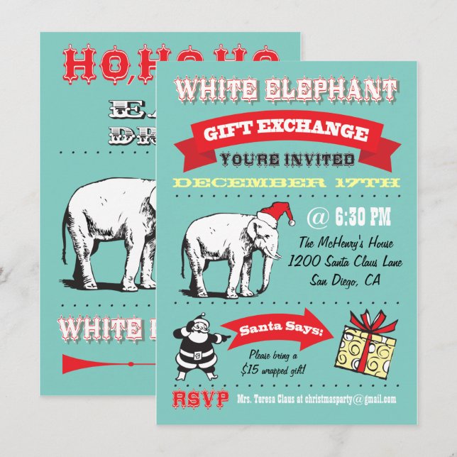 Retro White Elephant Christmas Party Invitations (Front/Back)