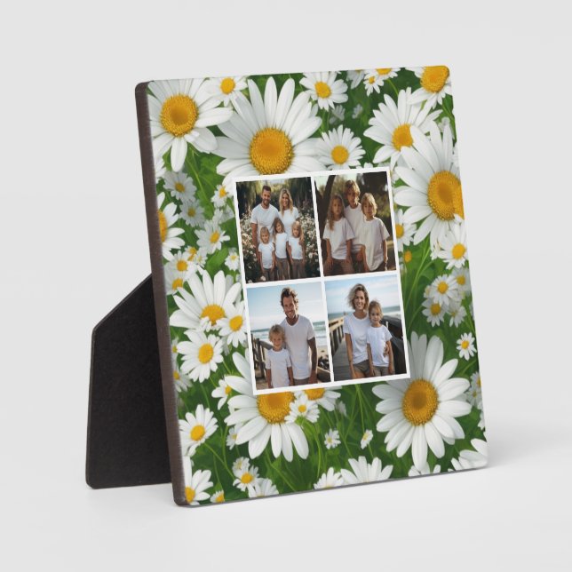 Retro white floral daisy personalize 4 photo plaque (Front)