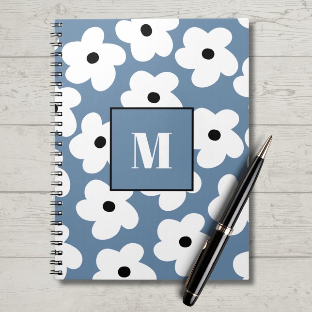 Retro White Flowers Custom Monogram Notebook  (Creator Uploaded)